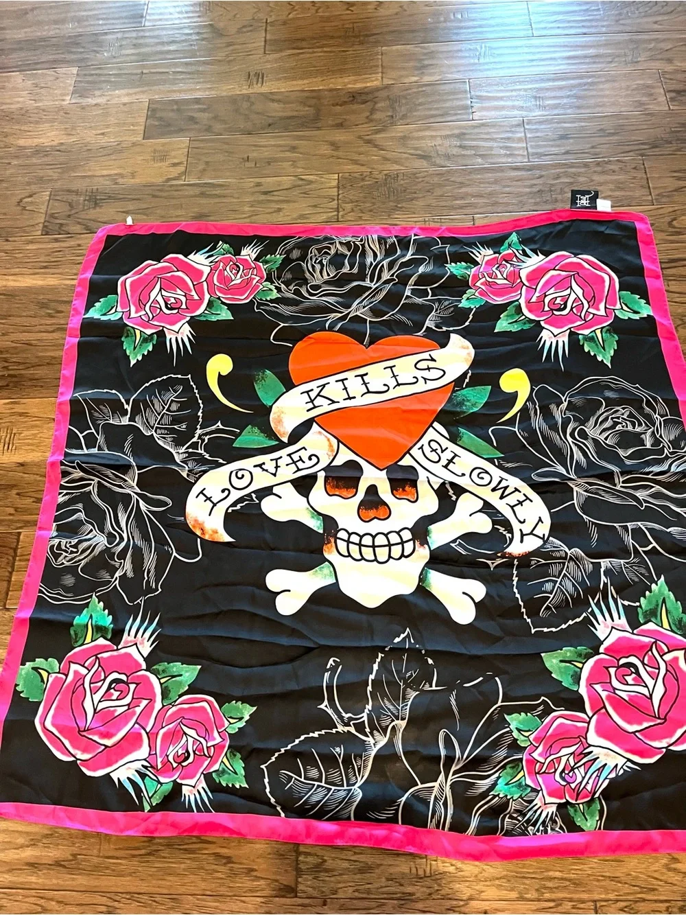 Ed Hardy Black Scarf with Pink Rose Border and Heart Skull Graphic Love